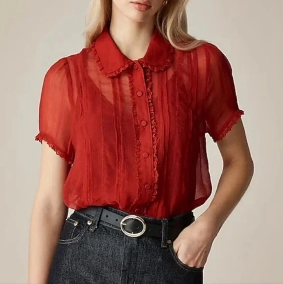 J.Crew Retail Sheer lace-trim button-up shirt And Cami red size 6 - Picture 1 of 11